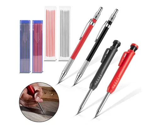 STAHLWERK Bleistift Tieflochmarker 4er Set mit 36 Ersatzminen - Druckbleistifte für präzises Markieren auf Holz, Beton und mehr. Mit integriertem Anspitzer und praktischem Clip. Ideal für Handwerk und DIY-Projekte.