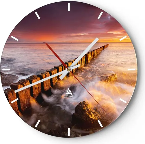 Wanduhr - Rund - Glasuhr - Boot Landschaft Meer Ostsee - 40x40cm - Schleichendes Uhrwerk - Lautlos - zum Aufhängen bereit - Dekoration Modern - Wanddekoration aus Glas - C3AR40x40-3137