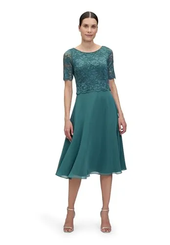 Vera Mont Damen Cocktailkleid mit Spitze - Dark Emerald, Größe 48 - Elegantes Cocktailkleid von Vera Mont mit ausgestellter Passform und edler Spitzenverarbeitung. Ideal für stilvolle Anlässe, Midi-Länge von 118 cm, hochwertiger Chiffon.