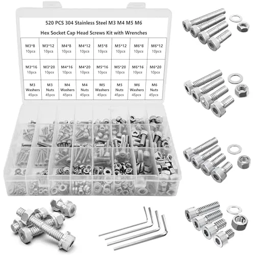 Stück M3 M4 M5 M6 Innensechskant Schrauben Kit Edelstahl schrauben Unterlegscheiben Schrauben Muttern Set Sechskantschrauben Sortiment Sechskopf-Knopf mit Schraubenschlüssel 520