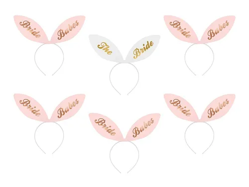 partydeco Haarreif, Haarreif mit Ohren für JGA Bride / Bride Babes 6er Set weiß gold rosa