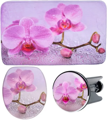 Sanilo Badaccessoire-Set 3-teilig Blooming - Sonstige Badaccessoires, hochwertiges Set mit WC-Sitz mit Absenkautomatik, Badteppich und Waschbeckenstöpsel in modernem Rosa für einfachen Komfort und stilvolle Badezimmergestaltung.