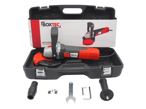 BOXTEC Betonschleifer 125 mm - Kraftvolle Sanierungsfräse mit Drehzahlregelung - Schleifmaschine 1.400W mit Absaughaube, ideal für effizientes Abschleifen von Böden und Bauresten. Ergonomisches Design für komfortable Handhabung.
