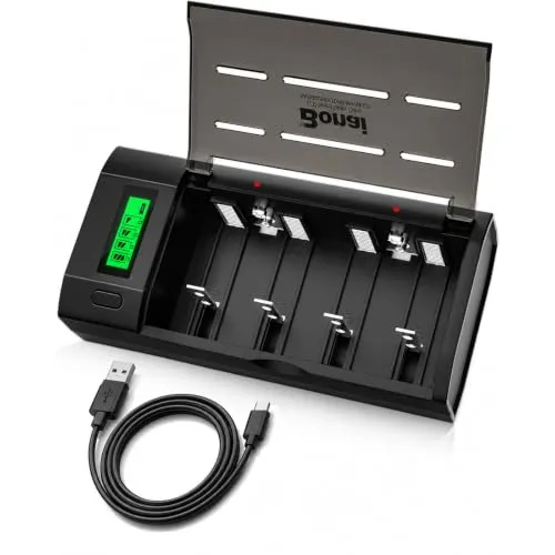 BONAI Universal Ladegerät für NI-MH AA AAA C D Wiederaufladbare Batterien und 9V Block Akkus (Li-Ion/NI-MH), Intelligentes Akkuladegerät mit LCD-Display & Einzelüberwachung