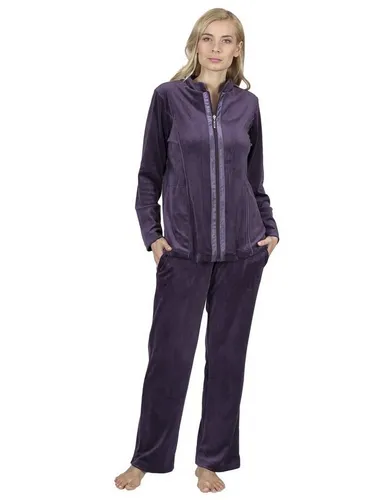 RAIKOU Damen Hausanzug Nicki - Elegante Homewear in Dunkel Lila - Bequemer Hausanzug für Damen in Dunkel Lila, aus elastischem Material, ideal für entspannte Abende oder Homeoffice. Mit zwei Seitentaschen und klassischem Schnitt.
