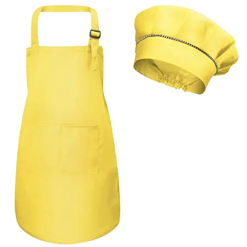 Fodlon Kinder Schürze und Kochmütze, Verstellbare Kinder Köche Schürze mit Taschen für Jungen Mädchen, Kleinkind Küche Garten Schürzen für Kochen Backen Malen Basteln (M für 3-6 Jahre) (Gelb)