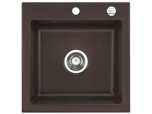 Systemceram Mera 51 Siena Keramikspüle mit Excenterbetätigung - Elegante Keramikspüle in Dunkelbraun, ideal für Unterschränke ab 50 cm. Mit praktischer Excenterbetätigung und kompakten Maßen (B x T): 51 x 51 cm, für eine stilvolle Küche.
