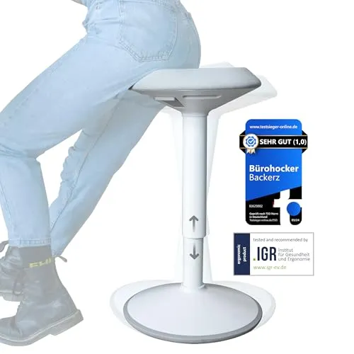 Backerz Ergonomischer Hocker - Bürohocker mit 40-60 cm Höhenverstellung - Verstärken Energie und Konzentration bei der Arbeit - Rutschfester Stehhocker mit Schwingeffekt - Weiß