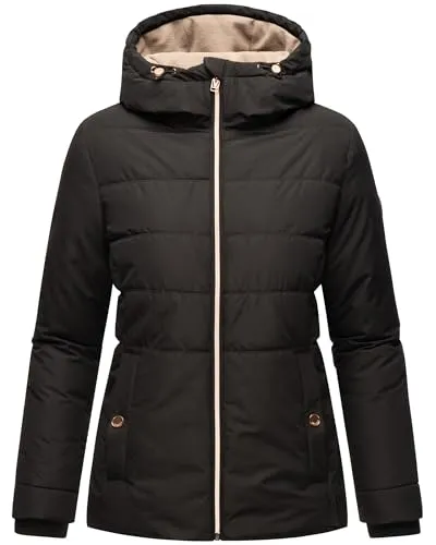 Damen Übergangsjacke Steppjacke Winterjacke gesteppt Outdoorjacke Kapuze, Stehkragen, Gefüttert, Recycelt Material, Vegan Alemee XS - 3XL (DE/NL/SE/PL, Alphanumerisch, L, Regular, Regular, Schwarz)