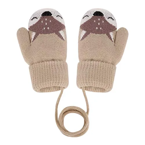 YSXY Süße Fäustlinge Baby Kleinkind Gestrickte Handschuhe für 1,2,3 Jahre Jungen Mädchen Winter Warme Strickhandschuhe mit schnur Fleece-Innenfutter (Beige-Fuchs)