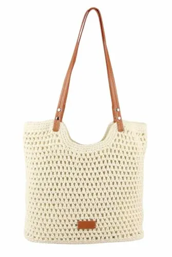 Damen Strohtasche Boho Shopper mit Ledergriffen in weiß von ITALYSHOP24
