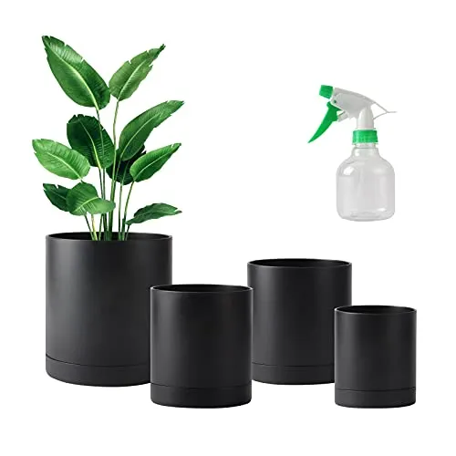 PETAFLOP Pflanzentöpfe aus Kunststoff, 4er-Pack 10/12,7/15/17,5cm Blumentopf mit Drainageloch & Untersetzer, kleine Gartenpflanzgefäße für drinnen und draußen, Schwarz (+Mini-Sprühflasche)