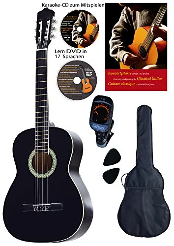Konzertgitarre 4 4, schwarz, Rosewood Griffbrett und Brücke, Fichtendecke, Lern DVD, Karaoke CD, Songbook, gepolsterte Tasche mit Rückengarniture, 2 Stück Plectren, digitales Stimmgerät, Starter Set