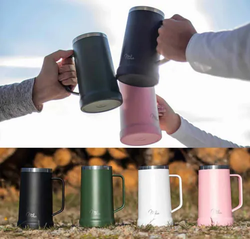 Milu Bierkrug Bierglas mit Deckel aus Edelstahl isoliert Bier 700ml Pink NEU