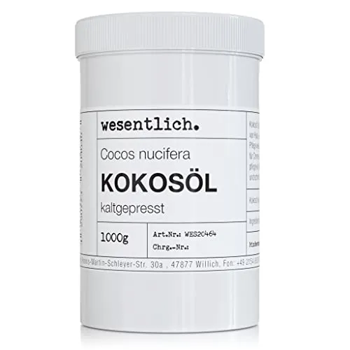 Kokosöl kaltgepresst 1000g - reine Pflege für Haut und Haar - ohne Zusätze - in wiederverschließbarer Schraubdeckeldose von wesentlich.