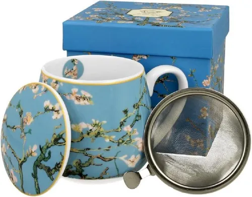 Duo-Gift Becher Tee Tasse mit Tee-Teesieb Mug / Fass / Fassbecher / Kaffee Tasse, Porzellan : Ein 430-ml-Fassbecher ca. 9,8 x Ø 8 x 12,5 mit Tee-Sieb und Deckel ALMOND BLOSSOM von Van Gogh aus der Art Gallery-Kollektion., Sommer Blumen / Tiere / Planzen mit Geschenkbox / Ideal als Geschenk