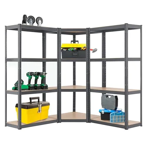 Juskys 3er Metall Regalsystem Easy - Eckregal & Lagerregale - Lagerregale aus verzinktem Metall und MDF Holz, 960 kg Traglast, 12 Böden für optimalen Stauraum in Keller, Garage oder Werkstatt, einfacher Aufbau ohne Bohren.