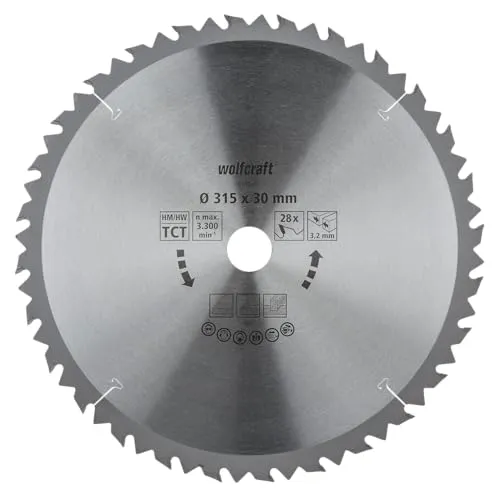 wolfcraft Tischkreissägeblatt HM - 6742000 - Ø 315 mm - Kreissägeblätter für schnelle, grobe Arbeiten an Holz und Spanplatten; das Hartmetall-Sägeblatt bietet Langlebigkeit und optimale Schnittqualität für Längs- und Querschnitte.