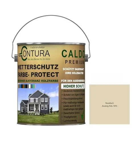 Contura Wetterschutzfarbe 500ml. Holz Dauerschutzfarbe Deckend Buntlack Holzfarbe Holzlasur Seidenmatt (Nordisch - RAL1015 Analog)