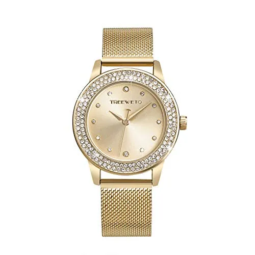 TREEWETO Damenuhr Analog Quarz Armband Armbanduhr Kristall Mesh Edelstahl Gürtel Damen Quarz Diamant Klassische Mode Romantisch Gold