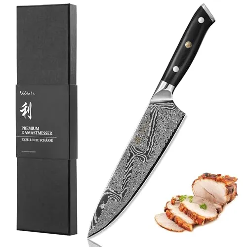 Wakoli Nitoko Damast Chefmesser – 20 cm Klinge aus 67 Lagen Damaststahl - Kochmesser mit extrem scharfer 20 cm Klinge aus 67 Lagen Damaststahl, ideal für präzises Schneiden von Fleisch und Gemüse. Ergonomischer G10 Griff für müheloses Arbeiten – perfekt in Geschenkbox.