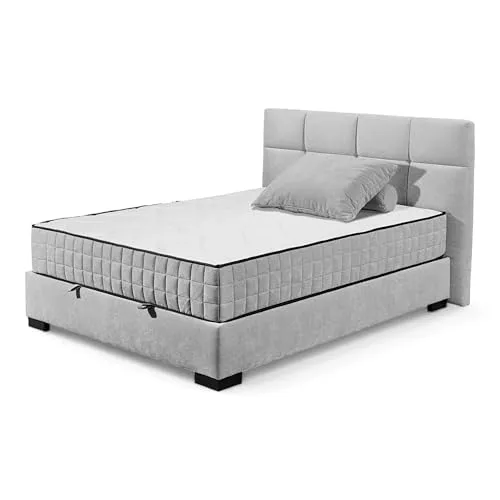 NAGOL A Boxbett 120x200, Silber - Bequemes Bett mit Bettkasten und Premium 9-Zonen-Federkern Wendematratze - 145 x 114 x 214 cm (B/H/T)