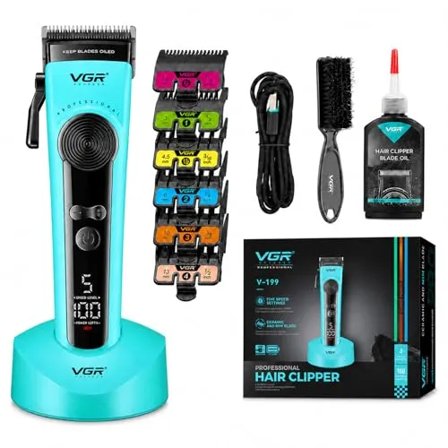 VGR 199 Haarschneidemaschine Profi Mit Einstellhebel,Geschwindigkeitsregler | Kabelloser Haarschneider Mit Ladestation, Clipper Haarschneider Mit Keramikklingen, 6 FüHrungskamm, LED-Display