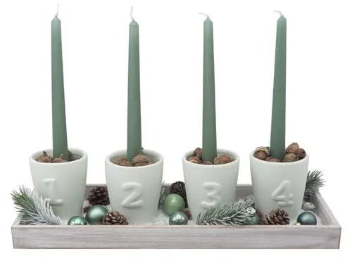 ZauberDeko Adventskranz Tablett Stabkerzenhalter Zahlen 4 Salbei Mint Grün Stabkerzen Adventsgesteck Weihnachten 40cm L Set