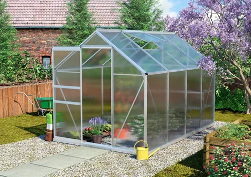 Vitavia Gewächshaus Calypso 5800 mit Zubehör, 192 x 302 x 197 cm - Robustes Gewächshaus mit 6 mm Wandstärke und automatischem Fensterheber. Ideal für Hobbygärtner, um Pflanzen optimal zu schützen und zu kultivieren.