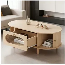 OKWISH Couchtisch 100x50x36cm mit Schublade & Rolltür