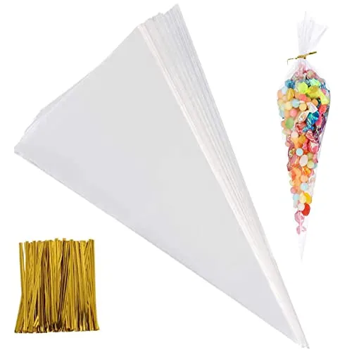 FRXVUC 100 Stück Cone Tüten + 100 Golden Bindestreifen Verschluss für Weihnachten Feste Hochzeit, Bonbons Tüten für Schokolade Kekse Popcorn, 25x13cm