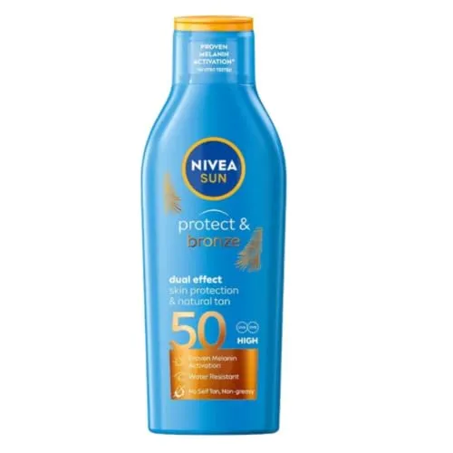 NIVEA Sun Sonnenmilch, Sonnenmilch, Bronzing-Aktivator, Protect & Bronze, LSF 50, Sonnenschutz & gebräunter Teint, natürlicher Extrakt aus Pro-Melanin, leichte & nicht fettende Formel, normale Haut