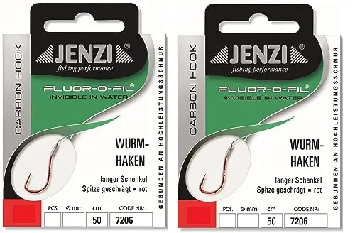 Set: 2 Packungen Wurmhaken, von Jenzi rot Gebunden an Fluor Carbon, 50 cm, Hakengröße: 2, 4, 5, 6, 8, 10, 14+ gratis Petri Heil! Aufkleber,(Hakengröße: 8)