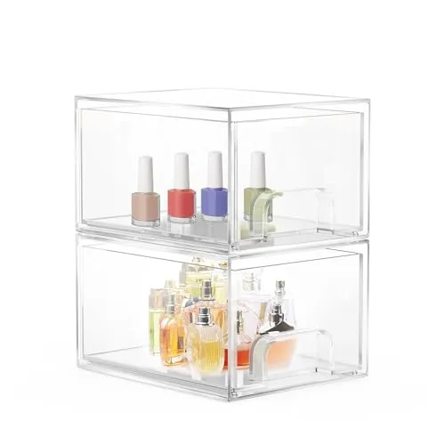 Stück Badschrank Organizer Box, Stackable Acryl Aufbewahrungsbox Schublade mit 16 rutschfeste Matte und Haltbarkeit, Organisationsboxen für Schlafzimmer Spülbecken Schreibtisch Badschrank Organizer 2