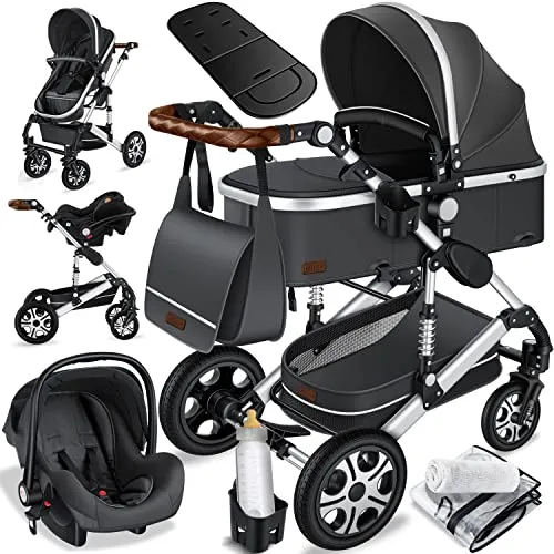 KESSER® Loops 3 in 1 Kinderwagen Kombikinderwagen - Kombikinderwagen mit Babywanne, Buggy und Babyschale, ideal für ab der Geburt! Mit Voll-Gummireifen, Federung und höhenverstellbarem Schiebegriff für komfortable Ausflüge.