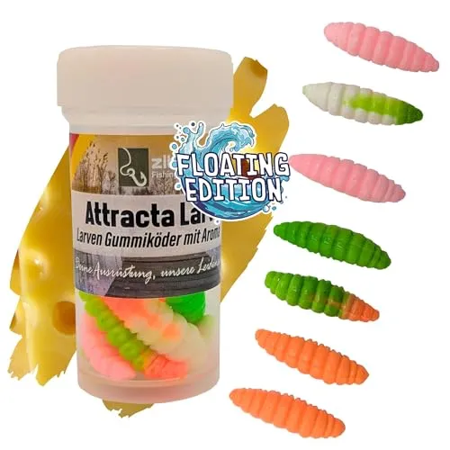 Zite Fishing Attracta Larv Floating | 8 Stück Aromatisierte Gummiköder Forellen-Angeln | Künstliche Larven Rotationsköder Auftreibende Wirkung | Phthalatfrei & Nachhaltig (Schock-Mix Käse)