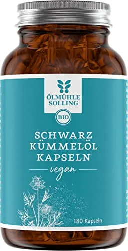 ÖLMÜHLE SOLLING - BIO Schwarzkümmelöl Kapseln | Nahrungsergänzungsmittel aus nativem Bio-Schwarzkümmelöl. Mit großem Anteil der zweifach ungesättigten Linolsäure. Vegan | Inhalt: 180 Kapseln