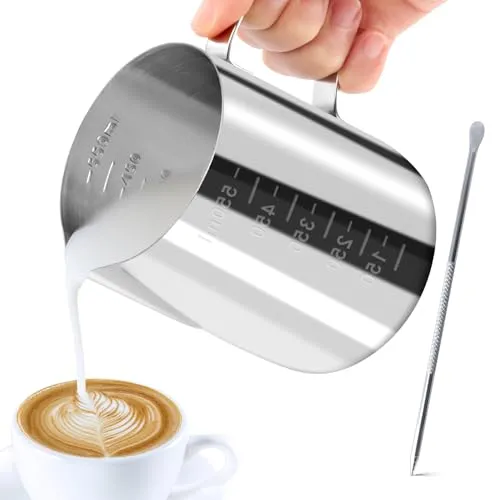 JOPHEK Milchkännchen, Handheld Edelstahl Aufschäumkännchen, Kaffee Creamer Milch Aufschäumer Kännchen Tasse mit Messung Mark und Latte Art Pen, Milchkännchen Perfekt für Barista Espresso Latte (600ML)