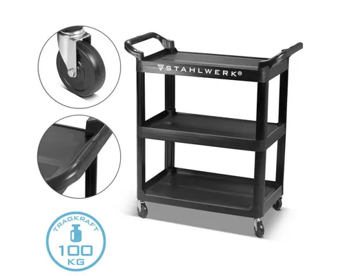 STAHLWERK Werkzeugwagen TC-92 ST - Werkstatteinrichtung mit 100 kg Tragkraft, ausgestattet mit 3 geräumigen Ladeflächen und 7 Jahren Herstellergarantie für hohe Langlebigkeit.
