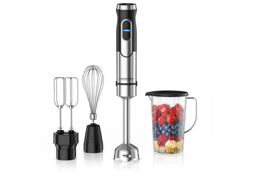 Arendo Stabmixer Edelstahl Pürierstab, Handmixer, Doppelquirl, Schneebesen & Mixbecher, 1500 W, DC-Motor, Turbotaste, Abnehmbarer Mixfuß, 12 Geschwidnigkeitsstufen