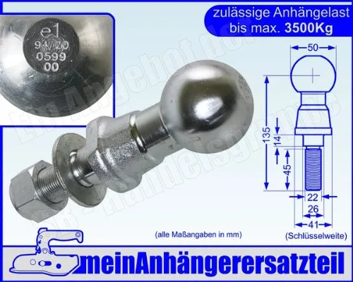 Kugelkopf Kugelkopfbolzen Zugkugel Kupplungskugel 3,5t 3500kg mit E-Prüfzeichen