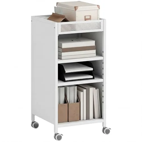 HOMCOM Bücherregal mit Rollen – Flexibler Bücherwagen mit 3 Ebenen, Weiß - Kompakter Bücherwagen (35L x 34B x 69,5H cm) mit vier Rollen für einfache Mobilität und zwei verstellbaren Regalböden. Ideal für Wohnzimmer oder Büro, bietet er vielseitigen Stauraum für Bücher und Alltagsgegenstände.