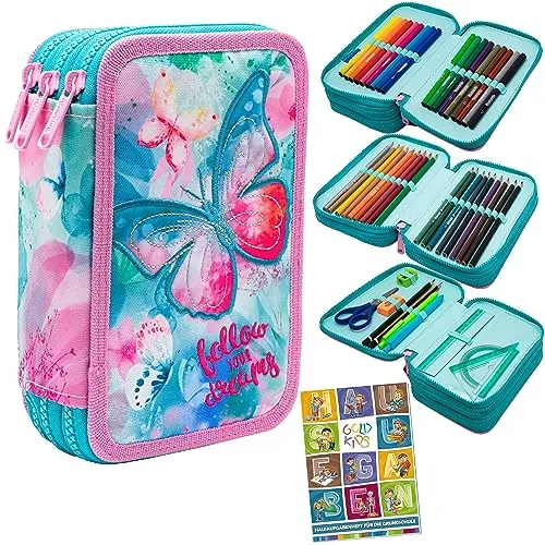 Colorino Dreams Federtasche mit Schmetterling, 46-teiliges gefülltes Schüleretui - Buntes Federmäppchen für Schulanfänger, inklusive 46 Teilen wie Stiften und einem Hausaufgabenheft, ideal für Kindergarten und Schule.