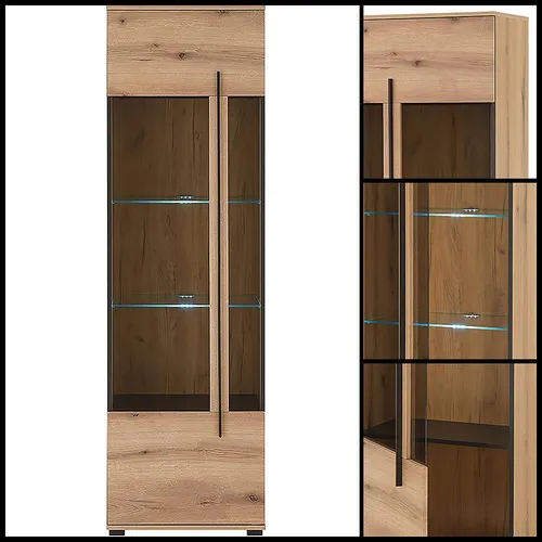 COLORADO-61 Wohnwand mit LED Beleuchtung, Vitrine & Lowboard - Moderne Wohnwand in Eiche mit Vitrine, Lowboard und 2 Wandregalen. Die LED-Beleuchtung setzt Deko perfekt in Szene und bringt Gemütlichkeit in dein Wohnzimmer. Ideal für stilvolles Wohnen!