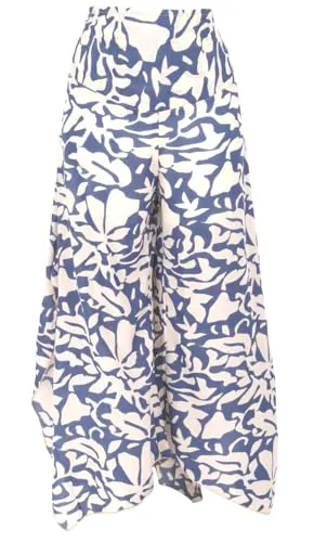 GURU SHOP Palazzohose - Weite Bedruckte Boho Sommerhose in Blau/Weiß - Damen-Hosen mit weitem Schnitt und elastischem Bund für hohen Tragekomfort. Aus leichter Viskose, ideal für sommerliche Looks und Boho-Chic.