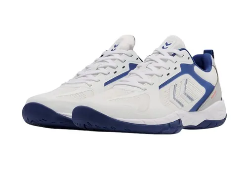 hummel Hallen-Indoorschuhe Speed Court weiss/blau Herren - Hallenschuh mit atmungsaktivem Mesh-Obermaterial und REACH LX Technologie für hohe Energierückgabe, ideal für intensive Spiele auf Hartplätzen.
