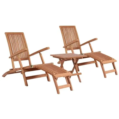 MR. DEKO Gartenmöbelgruppe Deckchair Yacht & Tisch Devon - Teakholz Essgruppe - Esssets für die Terrasse mit stapelbarem Deckchair und Tisch aus hochwertigem Teakholz – ideal für Balkon und Garten!