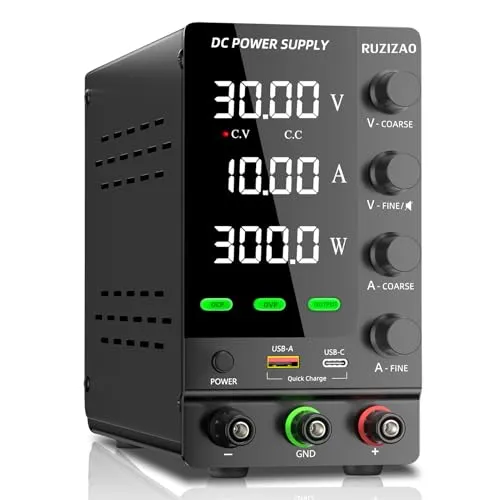 RUZIZAO Labornetzteil 30V 10A, Einstellbares Labornetzgerät mit OCP/OVP, Ausgangsschalter und Encoderregelung, DC-Schaltnetzteil 18W USB-A/Typ-C Schnellladeschnittstelle/Prüfung/Wartung/Galvanik