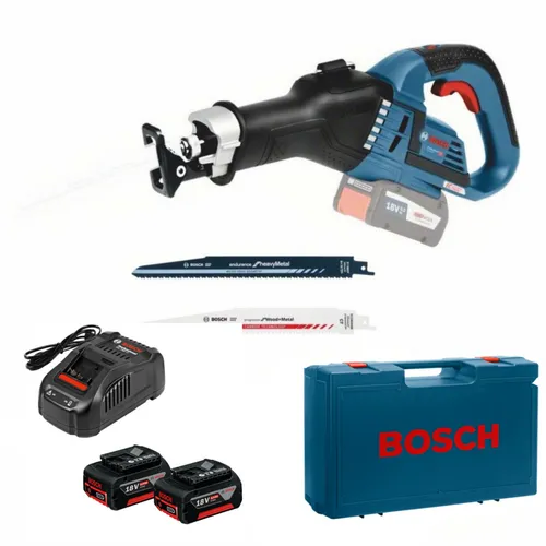 Bosch GSA 18V-32 Akku-Säbelsäge mit Koffer - Sägen Kategorie: leistungsstarke Akku-Säbelsäge mit bürstenlosem Motor, 2x 18V 5Ah Akkus und praktischem Koffer für flexibles Arbeiten auf Baustellen.