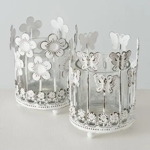Windlicht Eisen Glas Schmetterling oder Blume weiß Shabby Look Stückpreis